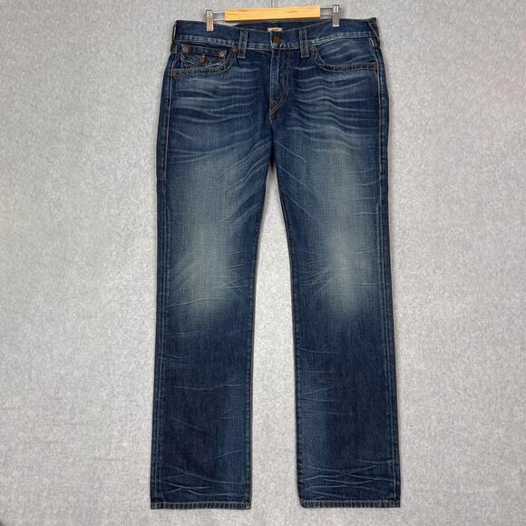 True Religion Mens 36 Ricky Relaxed Straight Jeans Flap Pockets Blue Denim